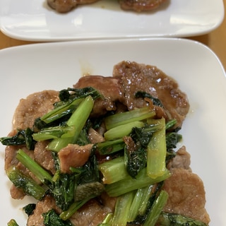 豚ヒレ肉と小松菜のニンニク醤油炒め